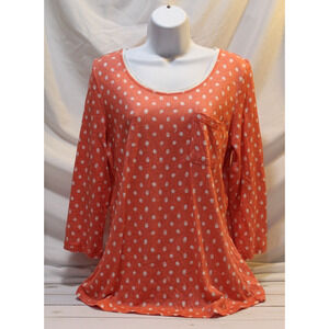 Orvis Women's L Orange Polka Dot T-Shirt 100% Linen 3/4" Sleeve Pocket RoundNeck